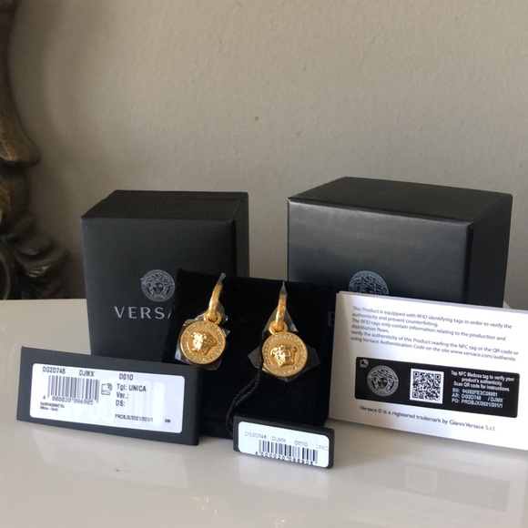 VERSACE Gold tone Greca Medusa Drop Earrings with Crystals - Picture 8 of 15